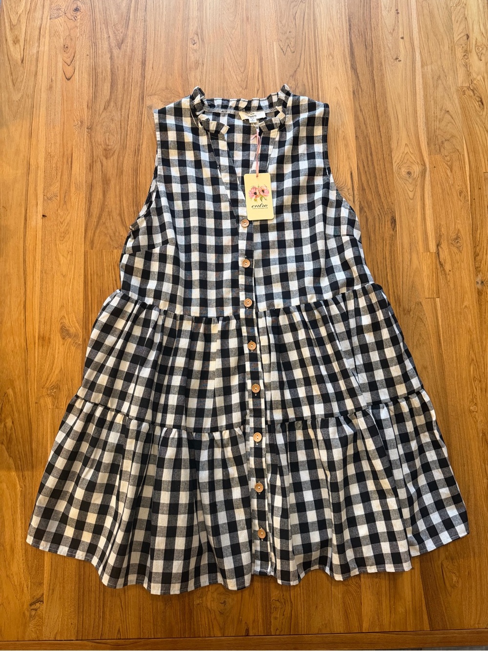 NWT Entro Gingham Mini Dress Womenβs Medium Black & White Wooden Buttons
